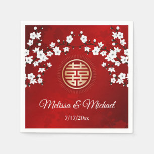   Red Cherry Blossoms Gold Chinese Wedding Custom  Napkin