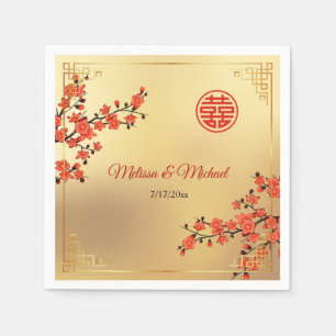 Red Cherry Blossoms Gold Chinese Wedding Custom Napkin