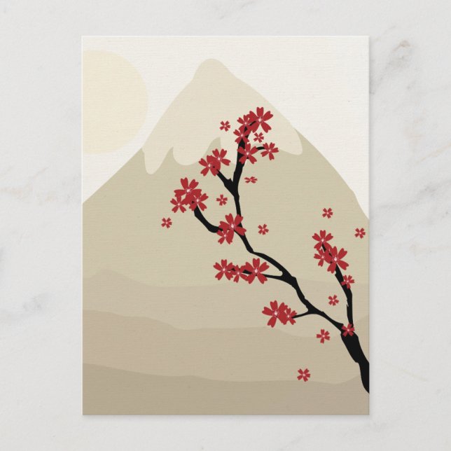 Red Cherry Blossoms Mount Fuji Japan Illustration Postcard (Front)