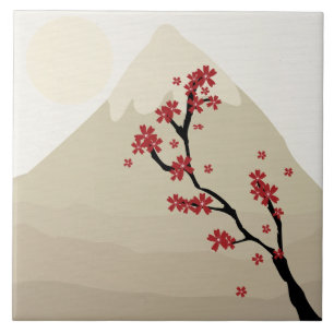 Red Cherry Blossoms Mount Fuji Japan Illustration Tile