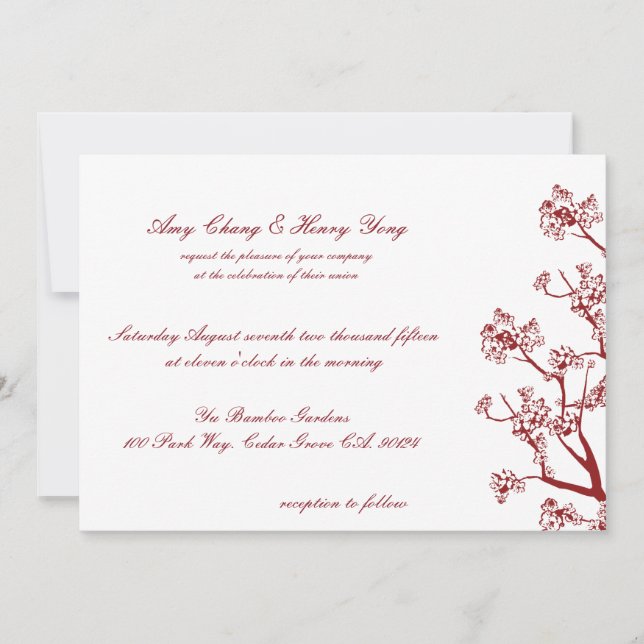 Red Cherry Blossoms Oriental Wedding Invitations (Front)