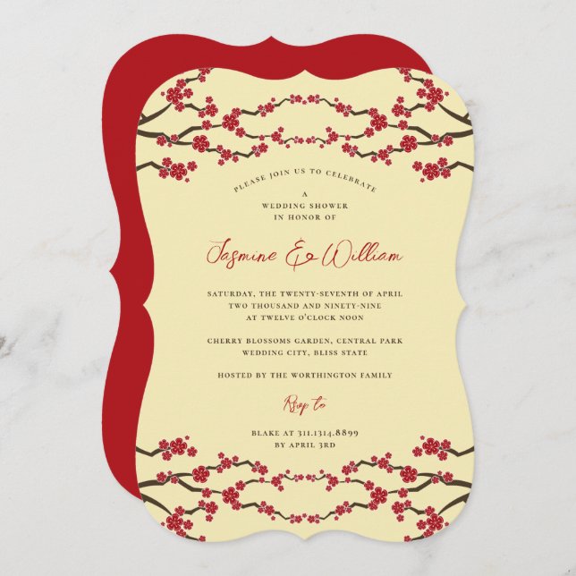 Red Cherry Blossoms Sakura Asian Wedding Shower Invitation (Front/Back)