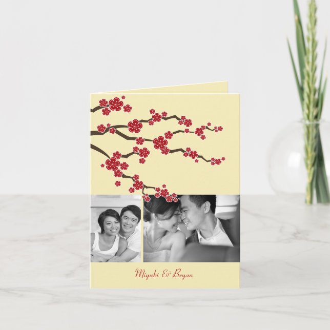 Red Cherry Blossoms Sakura Elegant Asian Wedding Thank You Card (Front)