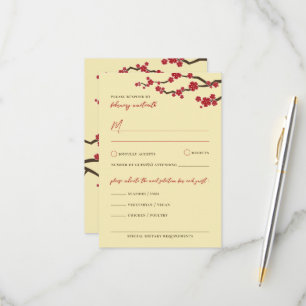 Red Cherry Blossoms Sakura Flowers Asian Wedding RSVP Card