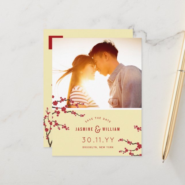 Red Cherry Blossoms Sakura Photo Save The Date Announcement Postcard (Front/Back In Situ)