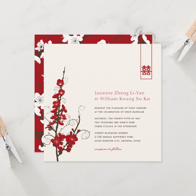 Red Cherry Blossoms Sakura Swirls Asian Wedding Invitation (Front/Back In Situ)
