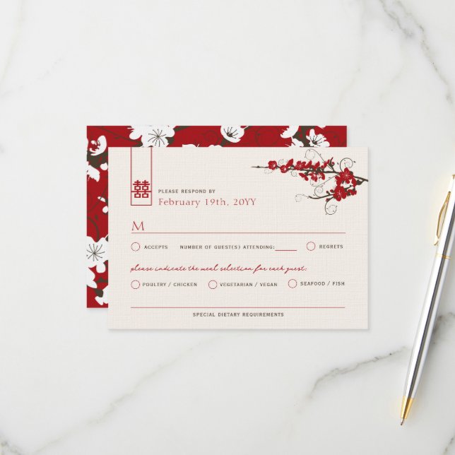 Red Cherry Blossoms Sakura Swirls Asian Wedding RSVP Card (Front/Back In Situ)