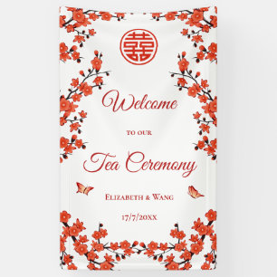 Red Cherry Blossoms White Tea Ceremony Banner