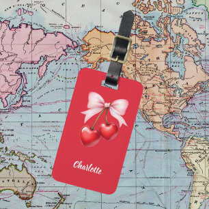 Red cherry bow pink name luggage tag