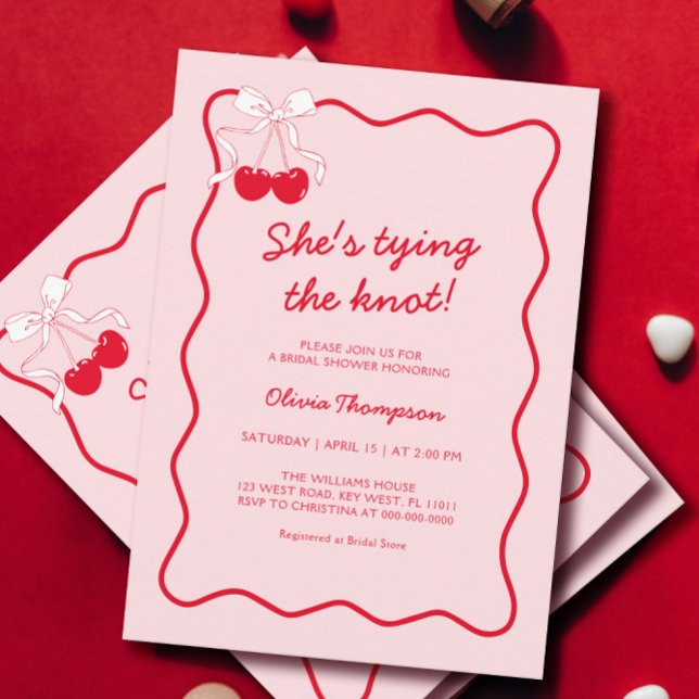 Red Cherry Bow Tying the Knot Bridal Shower Invitation (Creator Uploaded)
