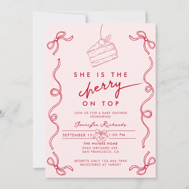Red Cherry Cake Pink Girl Baby Shower Invitation (Front)