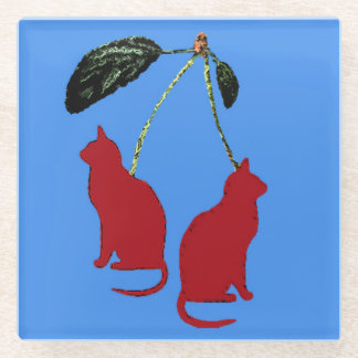 Red Cherry Cats on blue background Glass Coaster