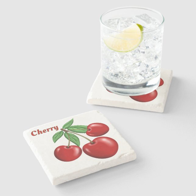 Red Cherry Cherries Design  Personalised Stone Coaster (Side)