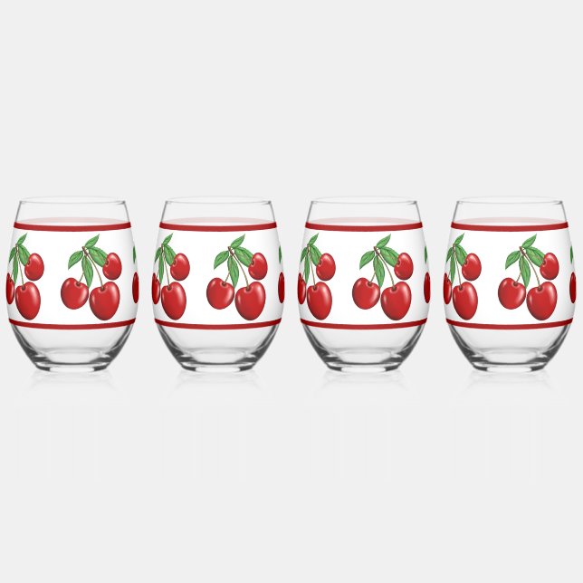 Red Cherry Clusters Stemless Wine Glass (Front)