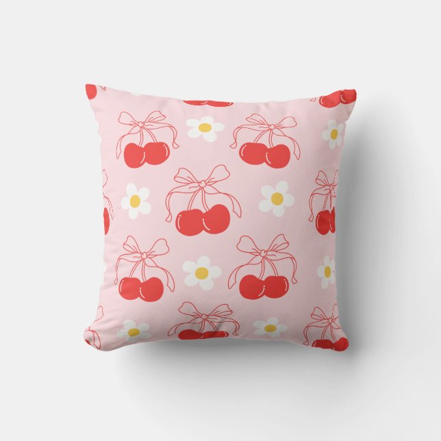 Red Cherry Coquette Bow Daisies Floral Cushion (Front)