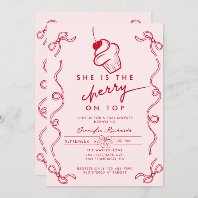 Red Cherry Cupcake Pink Girl Baby Shower Invitation (Front/Back)