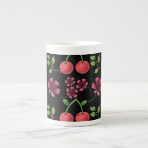 Red Cherry Floral Pattern Bone China Mug