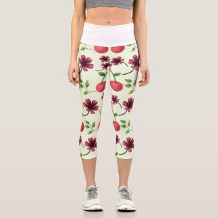 Red Cherry Floral Pattern  Capri Leggings