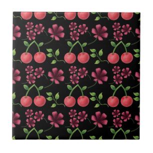 Red Cherry Floral Pattern Ceramic Tile