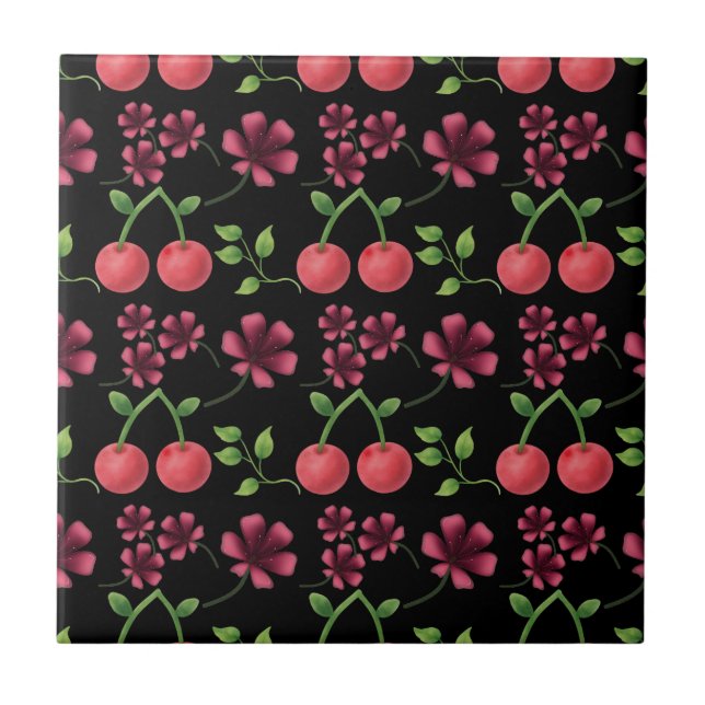 Red Cherry Floral Pattern  Ceramic Tile (Front)