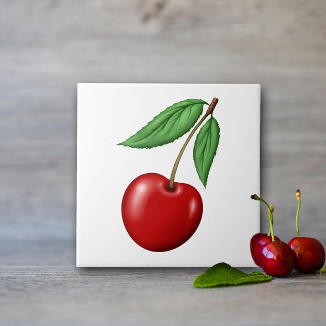 Red Cherry Fruit Ceramic Tile (Cherry Ceramic Tiles, use for kitchen backsplash, walls or order with optional frame for decor.)