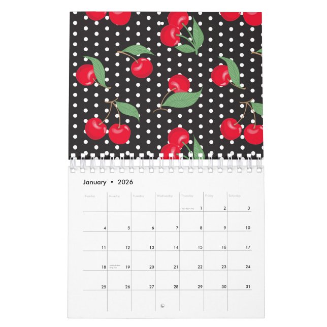 Red Cherry Fruit Green Leaves Black White Dots Calendar (Jan 2026)