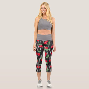 Red Cherry Fruit Green Leaves Black White Dots Capri Leggings