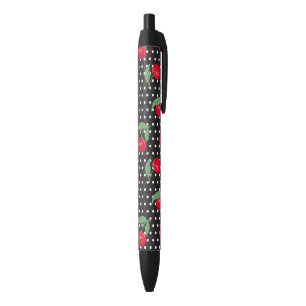 Red Cherry Fruit Green Leaves Black White Dots Ink Pen