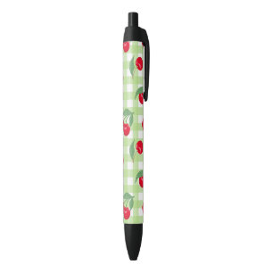 Red Cherry Fruit Green Leaves Pastel Lumberjack Black Ink Pen