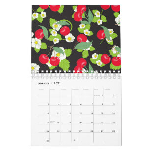 Red Cherry Fruit Green Leaves Pretty White Flowers Calendar
