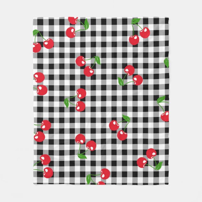 Red Cherry Gingham Black & White Chequered Cosy  Fleece Blanket (Front)