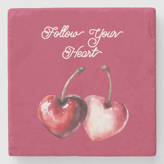 Red Cherry Hearts Stone Coaster (Front)