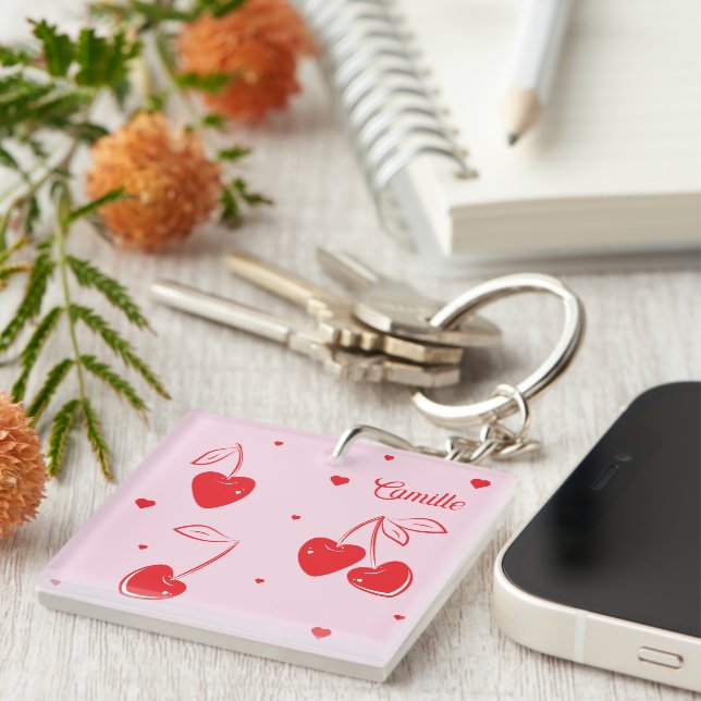 Red Cherry Hearts Whimsical Cute Name Acrylic Key Ring (Front Right)