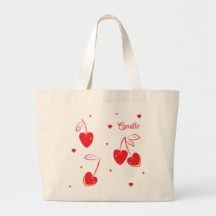 Red Cherry Hearts Whimsical Cute Shape Name Large Tote Bag