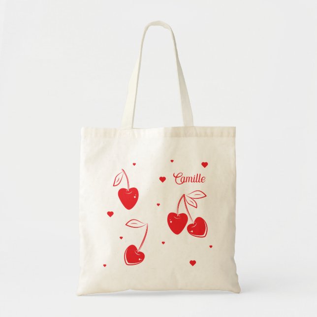 Red Cherry Hearts Whimsical Cute Shape Name Tote Bag (Front)
