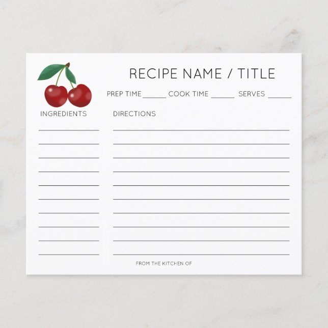Red Cherry Modern Minimalist Recipe Card (Front)