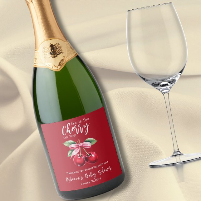 Red Cherry on Top Coquette Pink Bow Baby Shower Sparkling Wine Label (Creator Uploaded)
