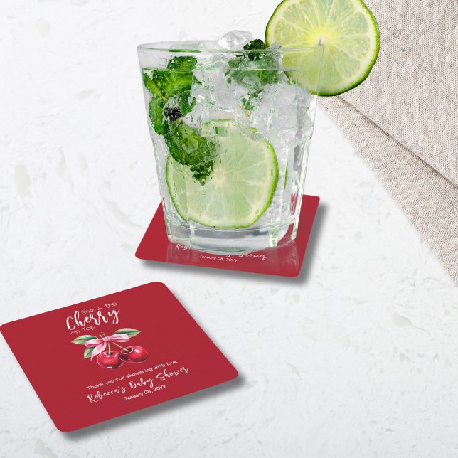 Red Cherry on Top Coquette Pink Bow Baby Shower Square Paper Coaster (Creator Uploaded)