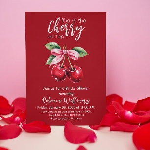 Red Cherry on Top Coquette Pink Bow Bridal Shower Invitation