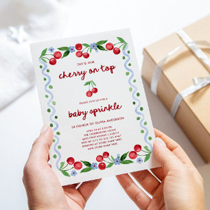 Red Cherry on Top Whimsical Vintage Baby Sprinkle Invitation