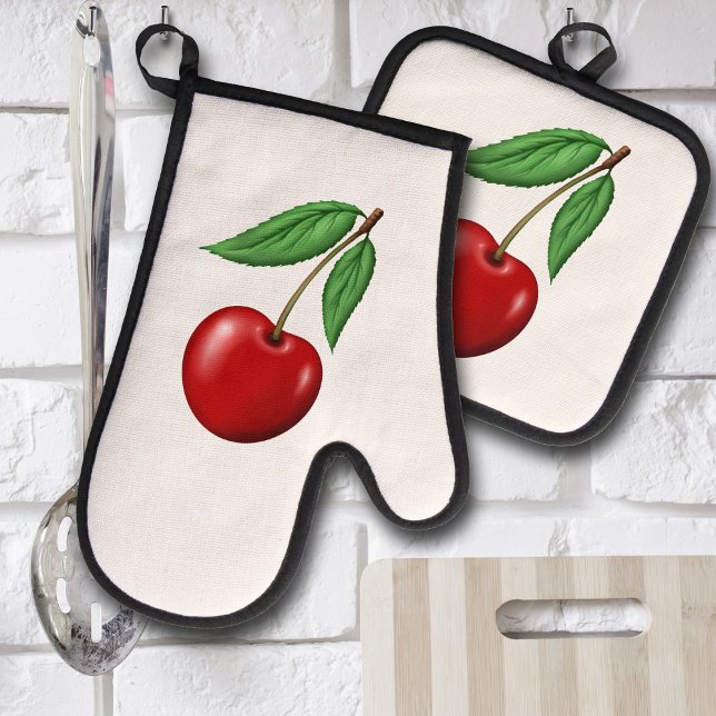 Red Cherry   Oven Mitt & Pot Holder Set (Cherry retro graphic design kitchen potholder and oven mit)