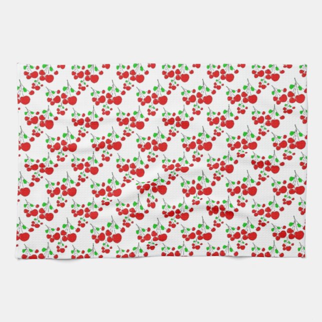 Red cherry pattern accessories - cherries by LeahG Tea Towel (Horizontal)