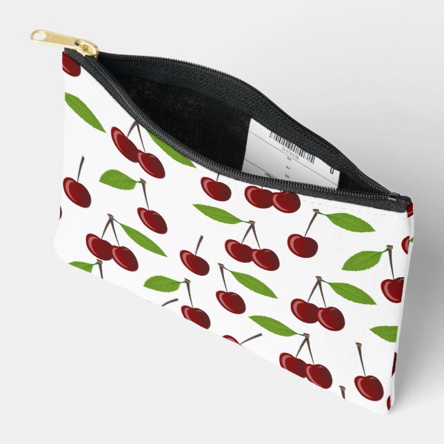 Red Cherry, Pattern Of Cherries, Leaves, Fruit Accessory Pouch (Open)