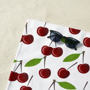 Red Cherry, Pattern Of Cherries, Leaves, Fruit Beach Towel