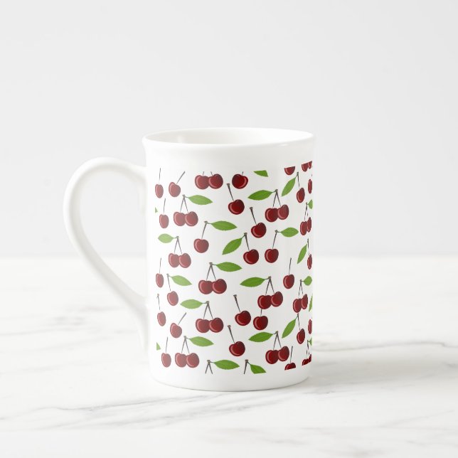 Red Cherry, Pattern Of Cherries, Leaves, Fruit Bone China Mug (Left)