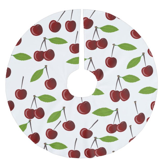 Red Cherry, Pattern Of Cherries, Leaves, Fruit Brushed Polyester Tree Skirt (Front)