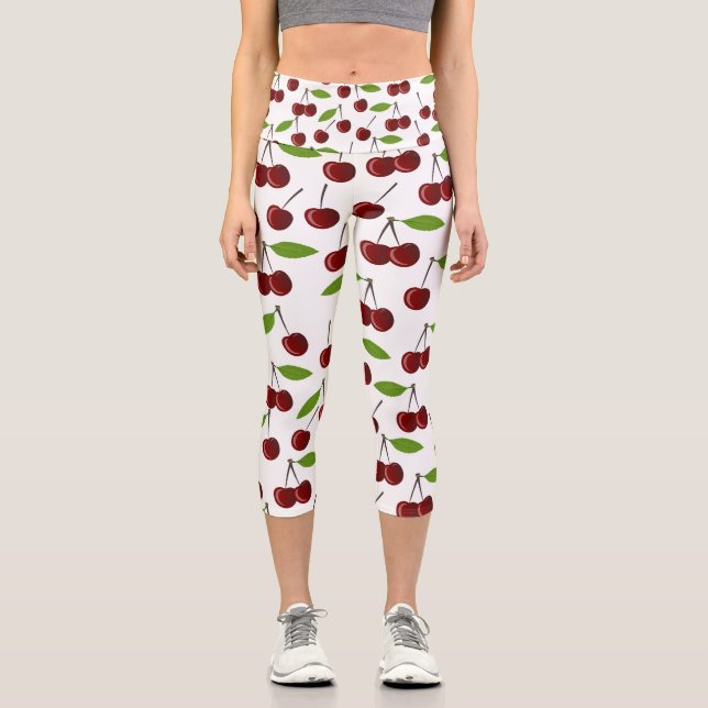 Red Cherry, Pattern Of Cherries, Leaves, Fruit Capri Leggings (Front)