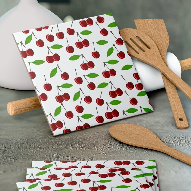 Red Cherry, Pattern Of Cherries, Leaves, Fruit Ceramic Tile (Creator Uploaded)