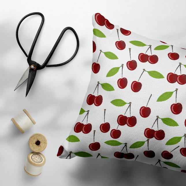 Red Cherry, Pattern Of Cherries, Leaves, Fruit Decorative Cushion (Creator Uploaded)
