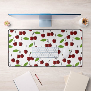 Red Cherry, Pattern Of Cherries, Leaves, Fruit Desk Mat